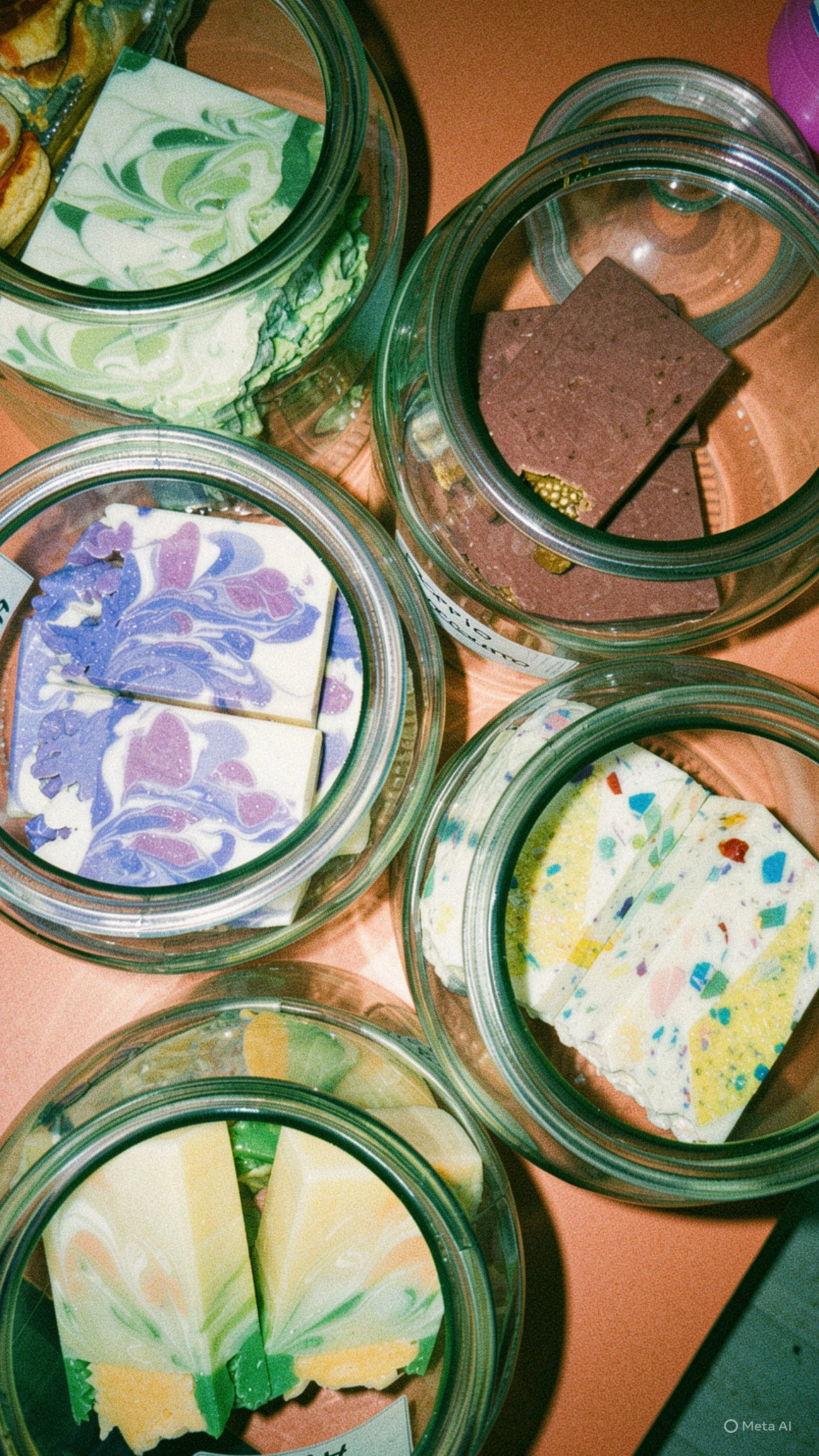 Vasi di formaggi colorati e vari, inclusi formaggi con decorazioni marmorizzate in viola, verde e giallo.
