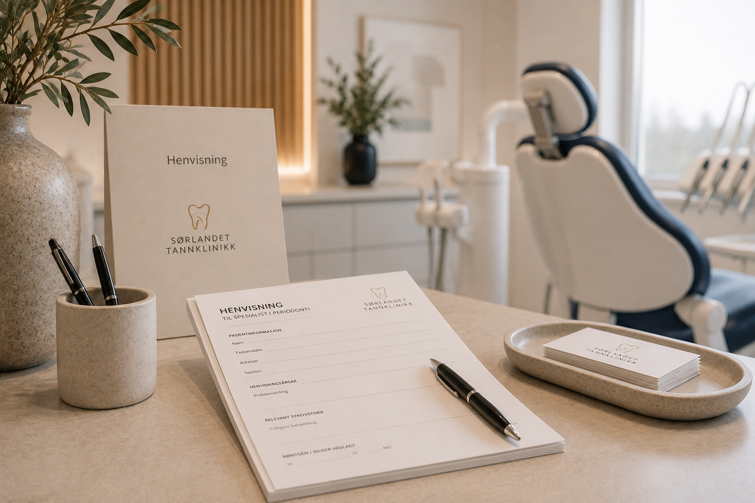 Resepsjon med informasjonspapirer og penner ved Sølandet Tannklinikk, med tannlegeutstyr og konsultasjonsstol i bakgrunnen.