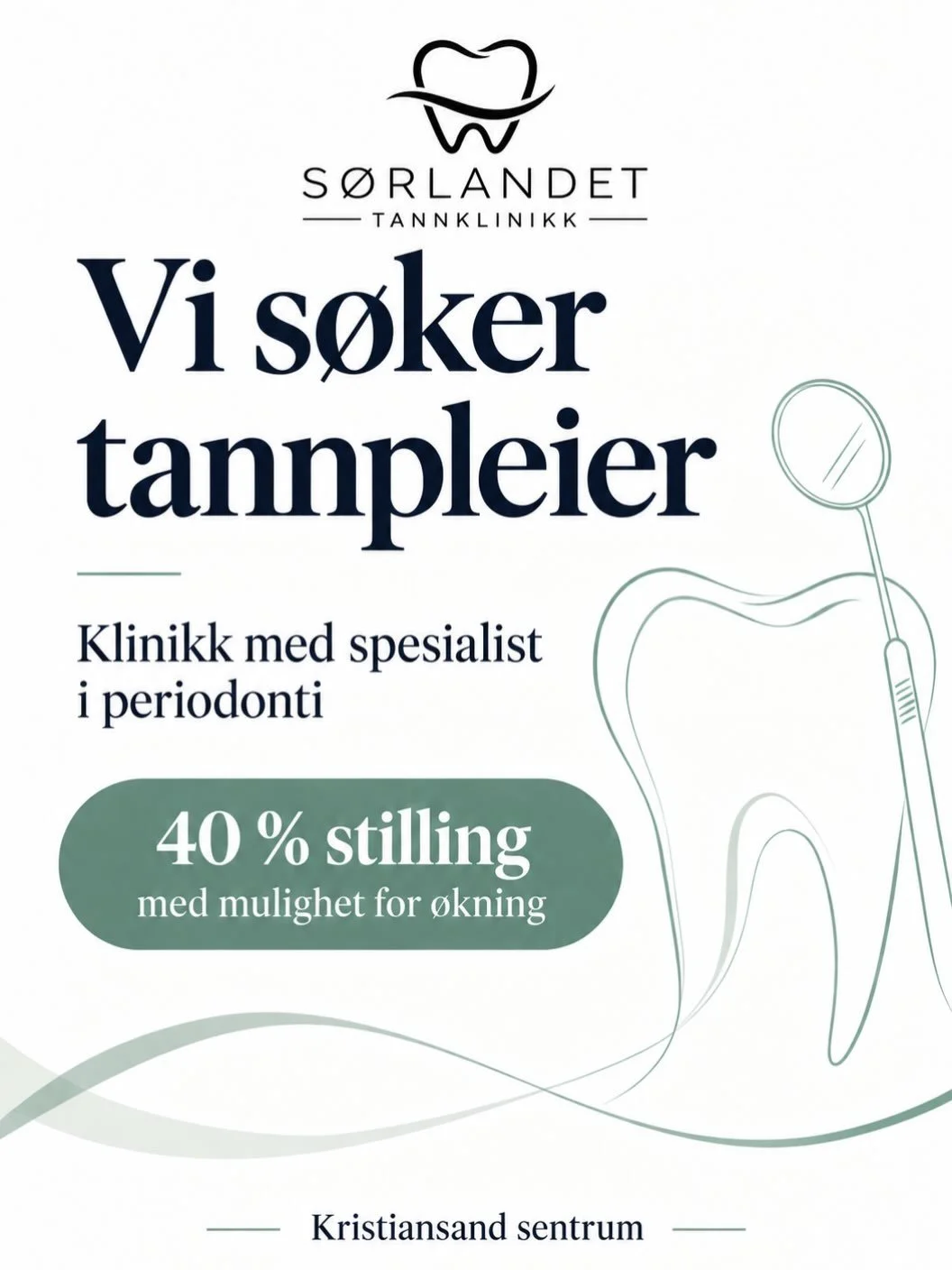 Vi s&oslash;ker tannpleier! 🦷🦷
Ta kontakt p&aring; post@sorlandettannklinikk.no