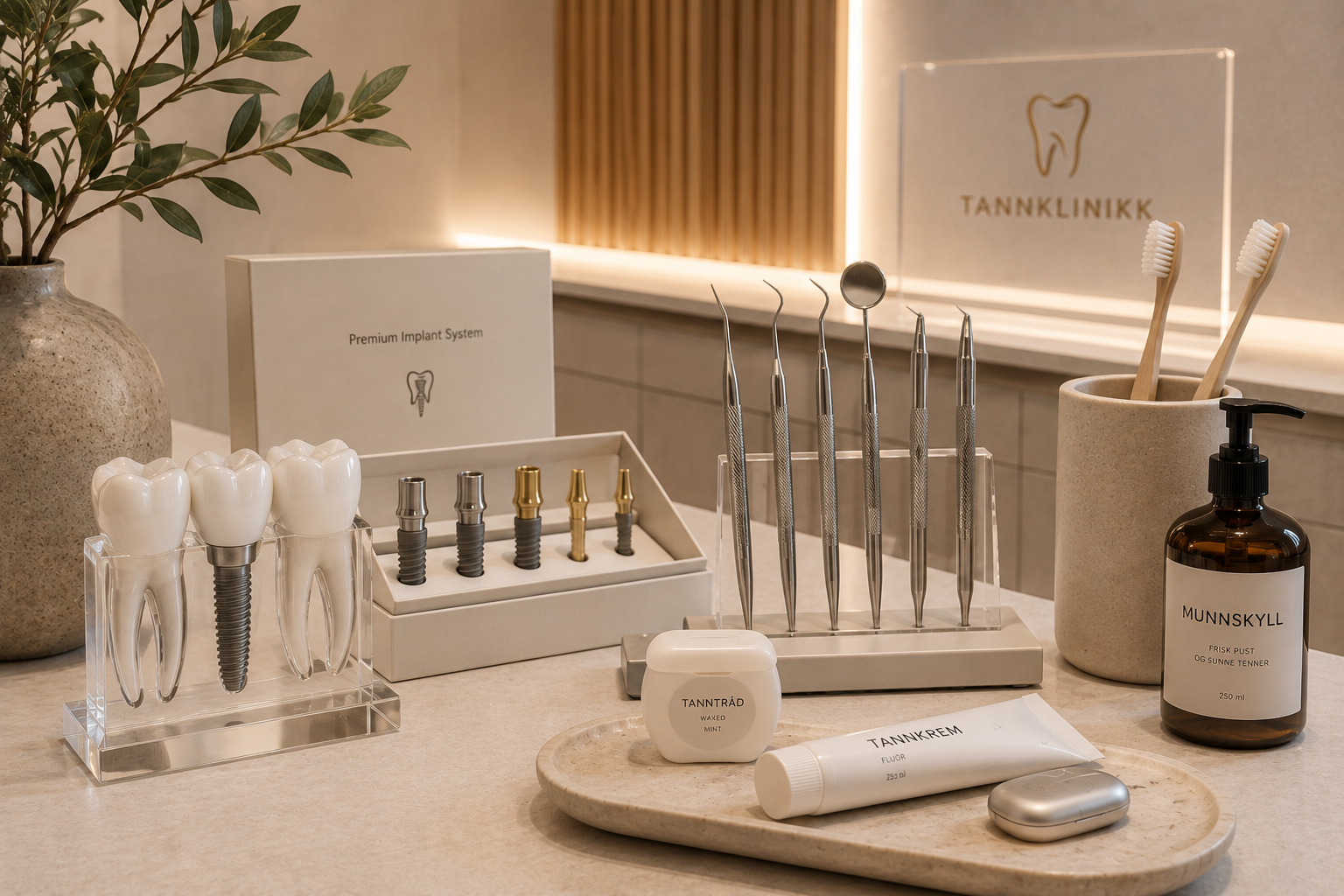 Utstyr og produkter for tannbehandling på et klinikkbord, inkludert tannskruer, dentalinstrumenter, tannkrem, munnskyll, og tannimplantat, med en plante og klinikkens dekor i bakgrunnen.