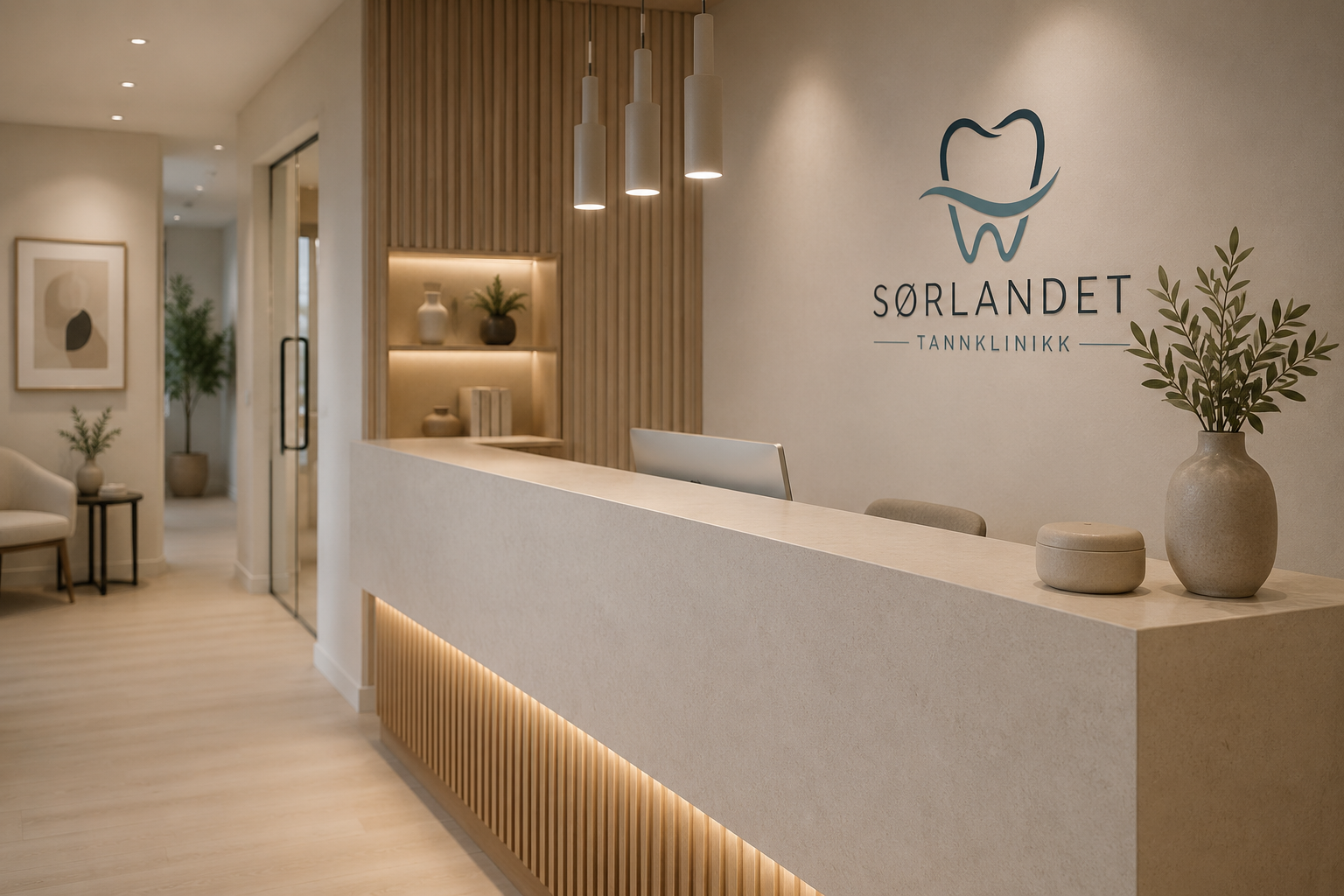Resepsjonsområde ved Sørlandet Tannklinikk med beige farget tak og vegger, dekorative planter, lyse tredetaljer og moderne design.
