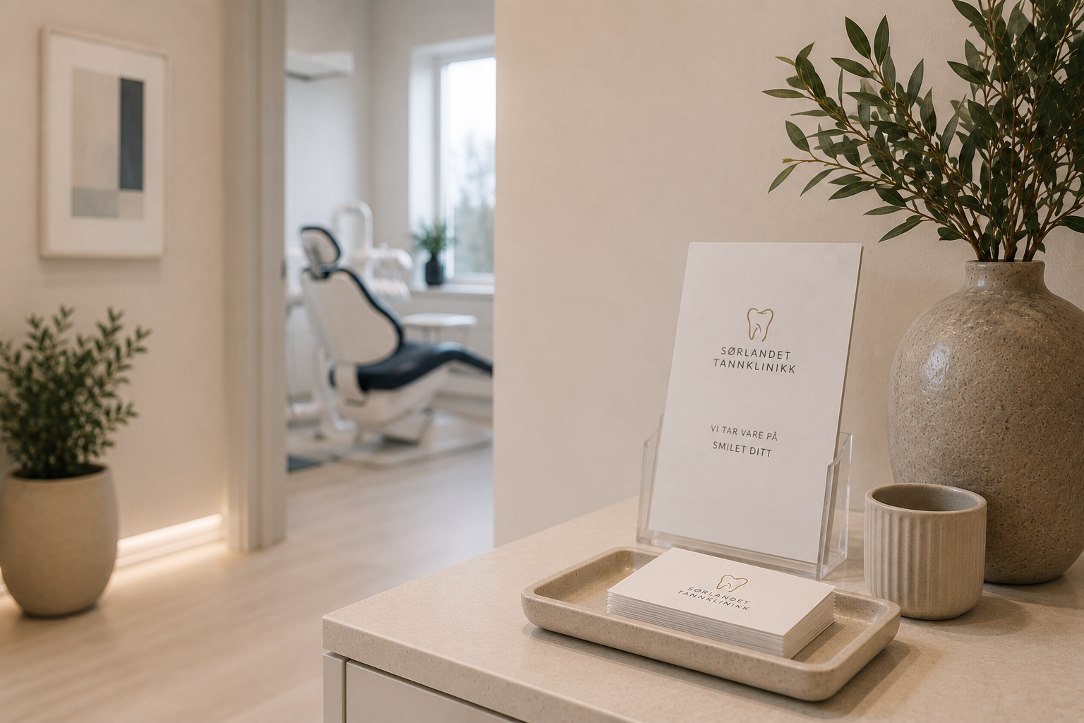 Innendørs venterom på tannlegekontor med brosjyre om Sørlandet Tannklinikk.
