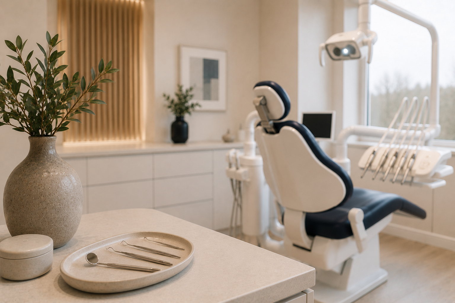 Tannlegekontor med tannlege-stol, tanninstrumenter på en plate, en stor vase med grønt bladverk, og et skrivebord med en liten beholder. Rommet har store vinduer og moderne innredning.