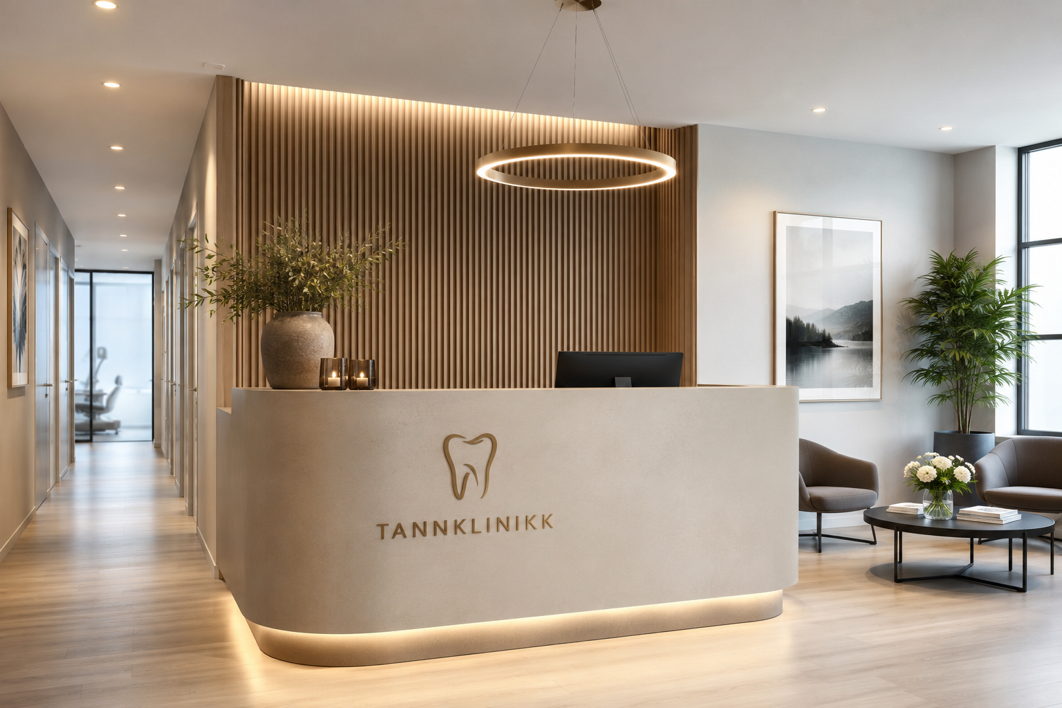 Resepsjon på tannklinikk med moderne design, ponnert med planter og bilder på veggene.