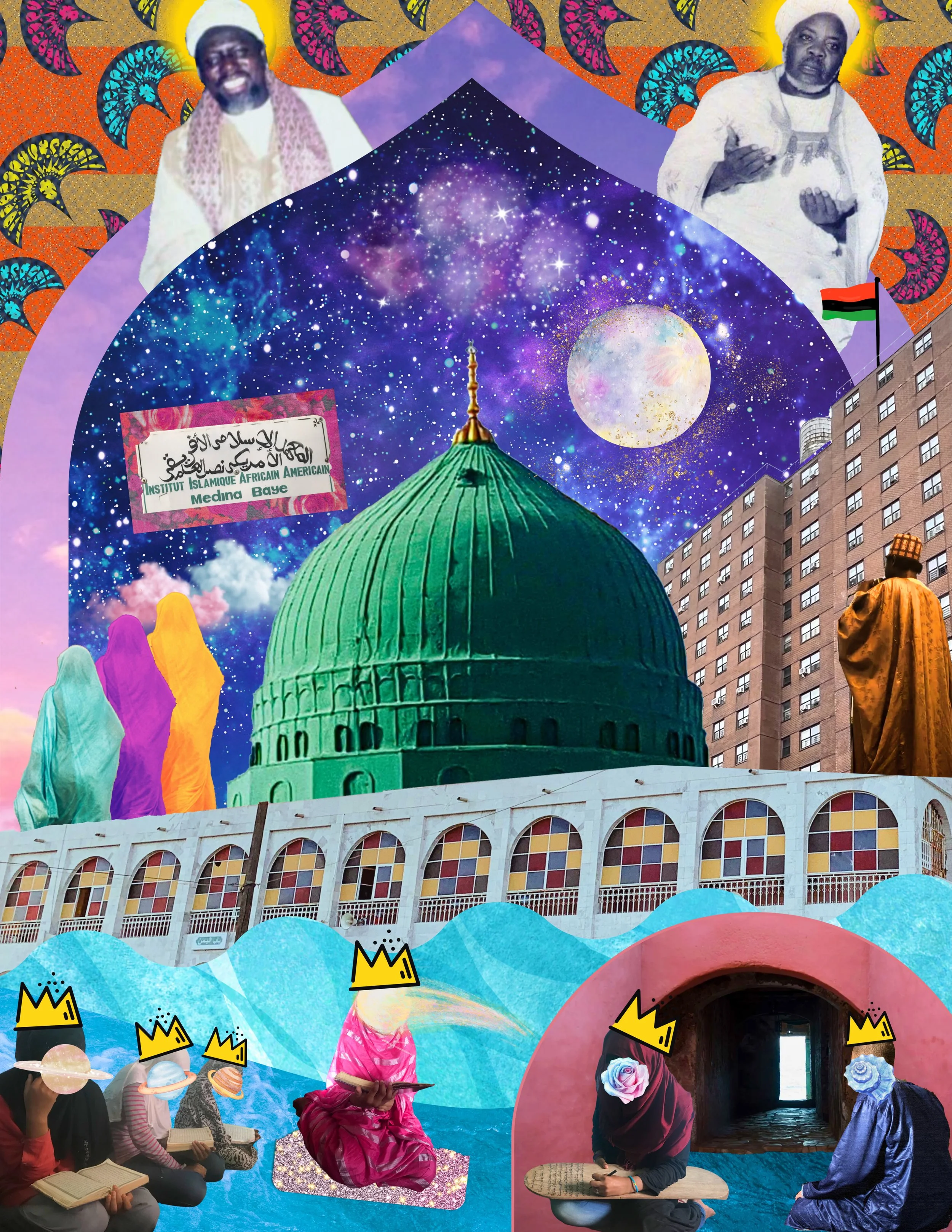 Envisioning Black Muslim Freedom Dreams - A digitally created collage featuring people reading and praying, with a backdrop of a galaxy, moon, colorful buildings, and various design elements including comic-style crowns and clouds.