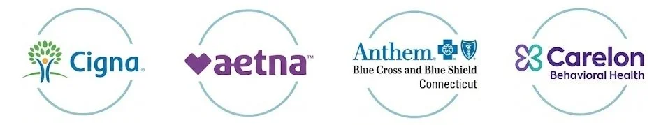In-network insurance provider logos.Insurance accepted in Connecticut including Cigna, Aetna, Anthem BCBS CT, and Carelon Behavioral Health.