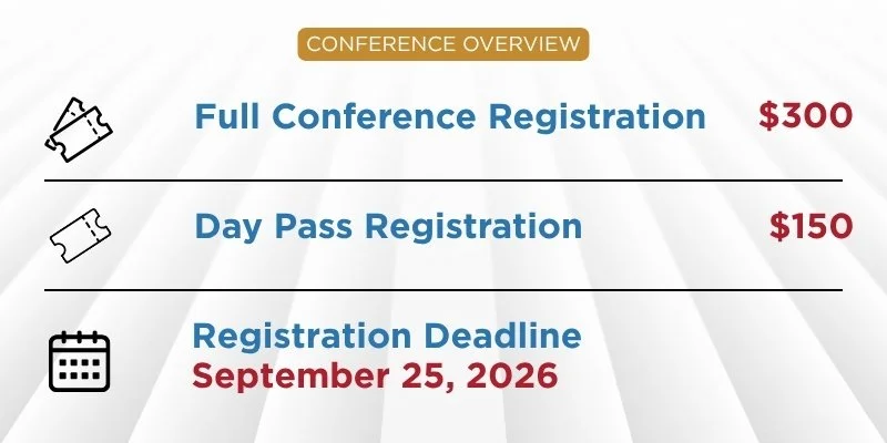 Conference registration details with options for full conference at $300 and day pass at $150. Registration deadline is September 25, 2026.