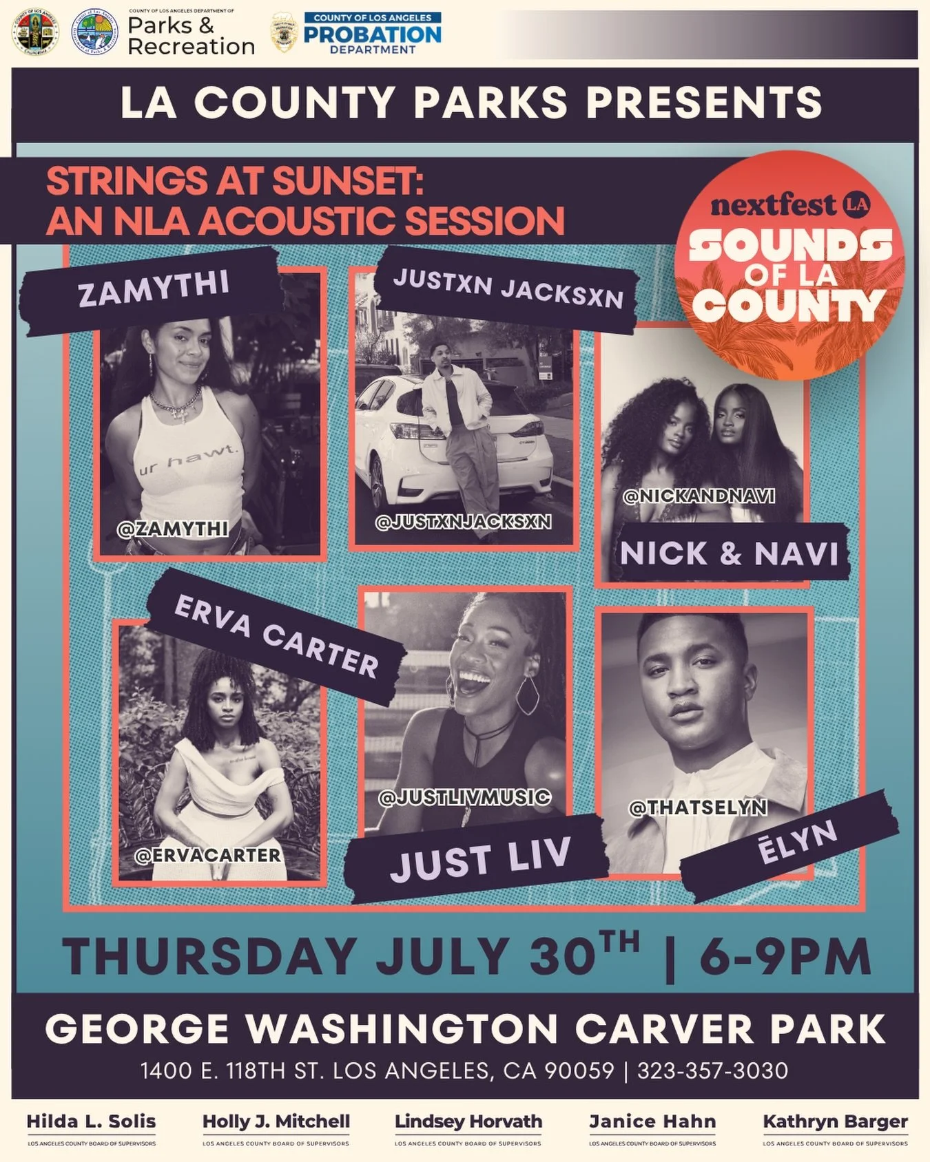 We have a Strings at Sunset: An NLA Acoustic Session showcase at George Washington Carver park this July 30th, curated by LA&rsquo;s own independent champion collective, NLA Agency.

⚡️ FEATURING:
🎶 ZAMYTHI
🎶 Justxn Jacksxn
🎶 Nick &amp; Navi
🎶 Er