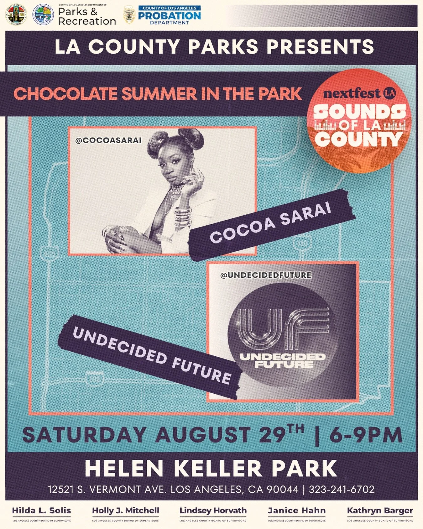 Chocolate Summer In The Park 🎤🌌

An unapologetic, bold R&amp;B, hip-hop, and reggae energy from Cocoa Sarai along with catchy melodies, smooth grooves, and high-energy dance floor anthems from Undecided Future.

Enjoy free food served by our featur