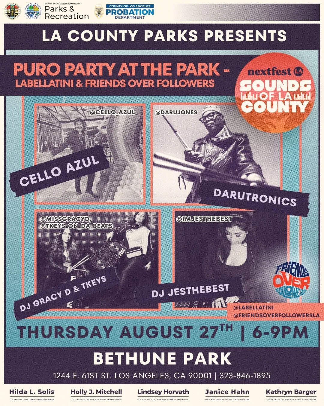 One weekend. 6 Parks. 6 Concerts.

Swipe through to pick your park(s):

📍 Bethune Park - DJ sets, cumbia, soul-hop vibes

📍 Jesse Owens Park - Brass ensemble and jazz soul

📍 Adventure Park - Funky reggae and jazz soul

📍 Mona Park - Banda and cu