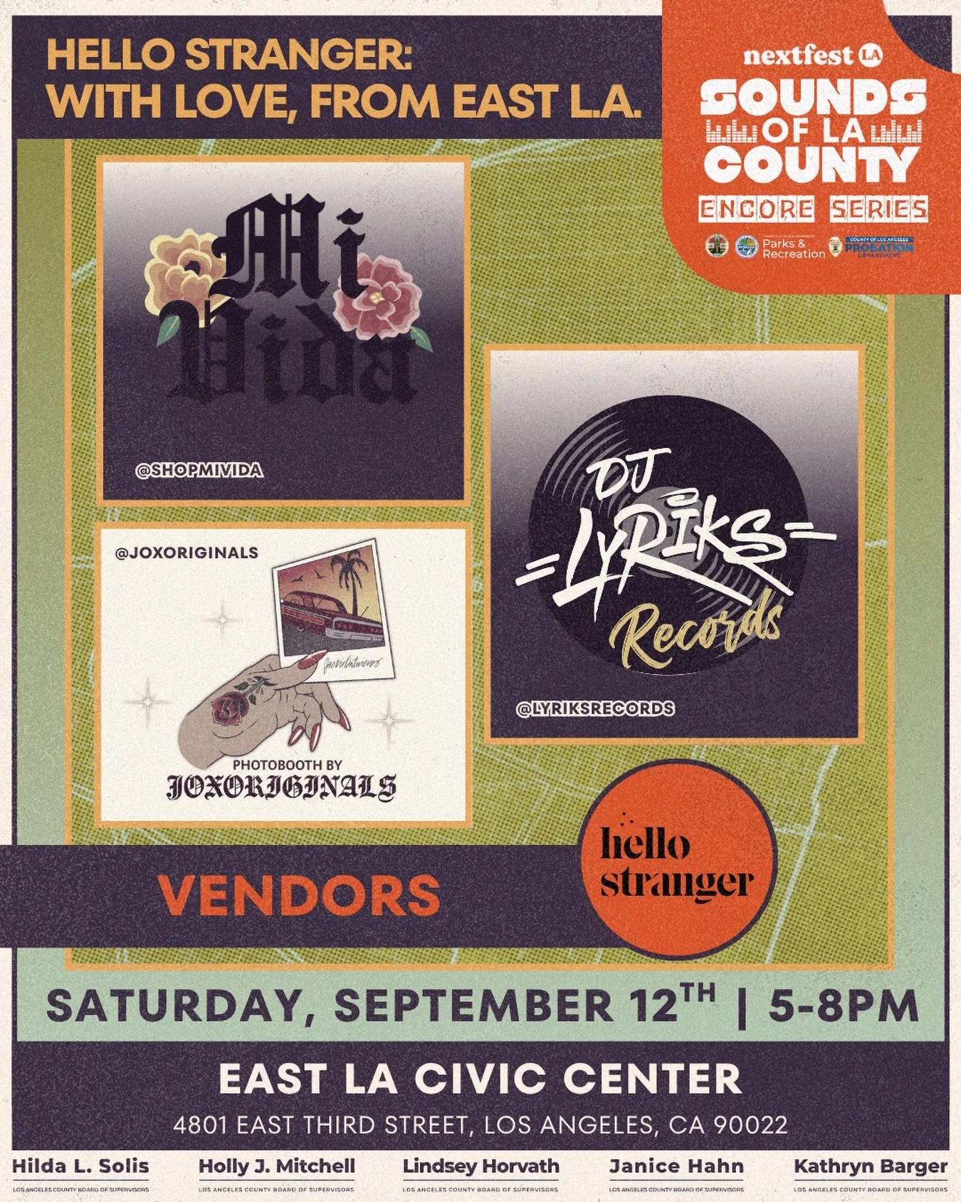 This Saturday will include local vendors alongside our stellar Hello Stranger: With Love, From East L.A. lineup.

🌸 Mi Vida - Curated Chicano apparel
📸 Jox Originals - Capture memories with old school star shot photobooth
📼 Lyriks Records - Specia