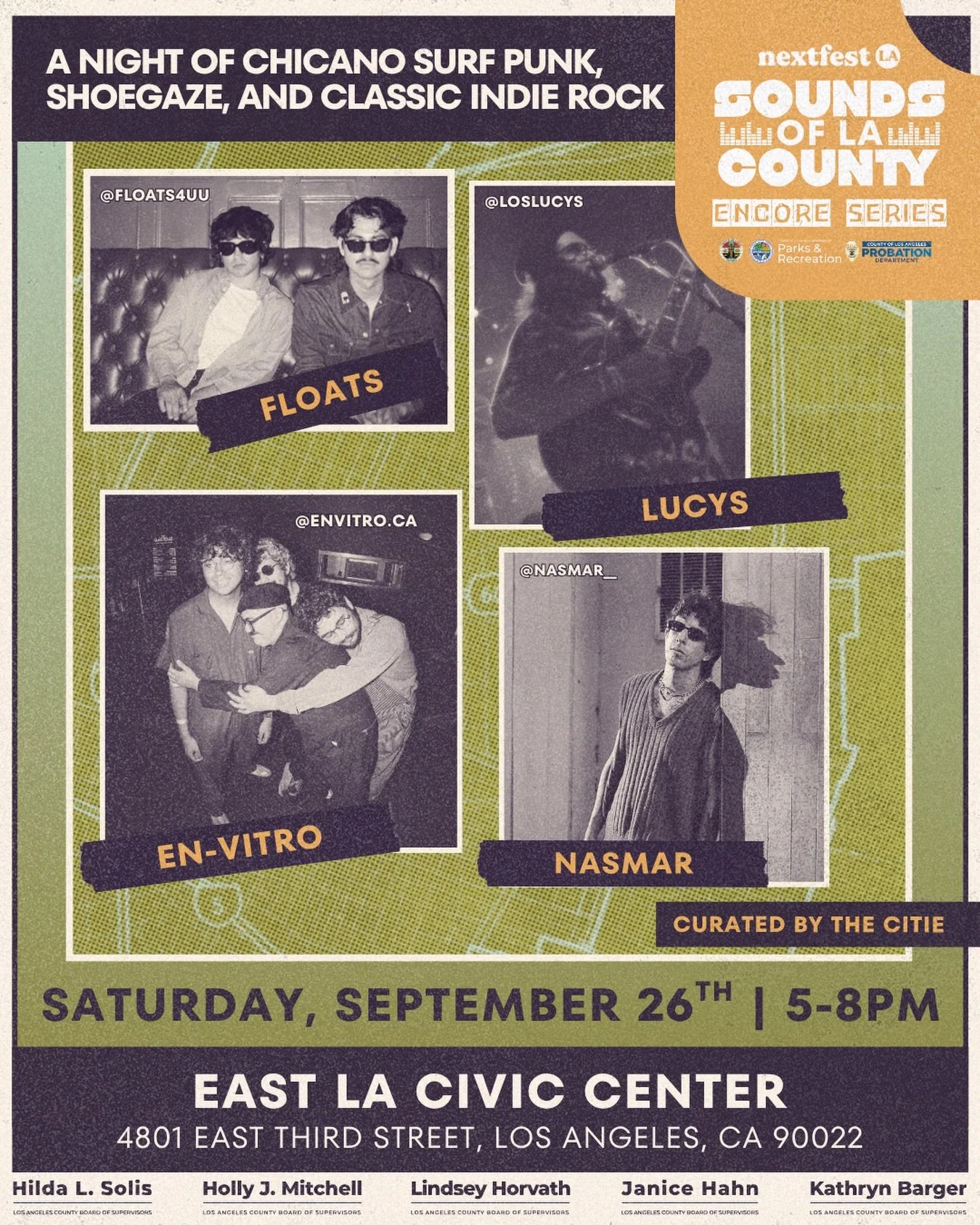 A bitter sweet moment for our last Encore Series closing out the Sounds of LA County summer concert series with A Night of Chicano Surf Punk, Shoegaze, and Classic Indie Rock, music curated by The Citie.

🚀 FEATURING:
✦ FLOATS
✦ Lucys
✦ En-Vitro
✦ N