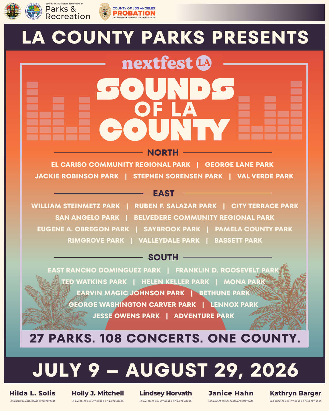 Official park lineup poster featuring all parks and general dates July - August