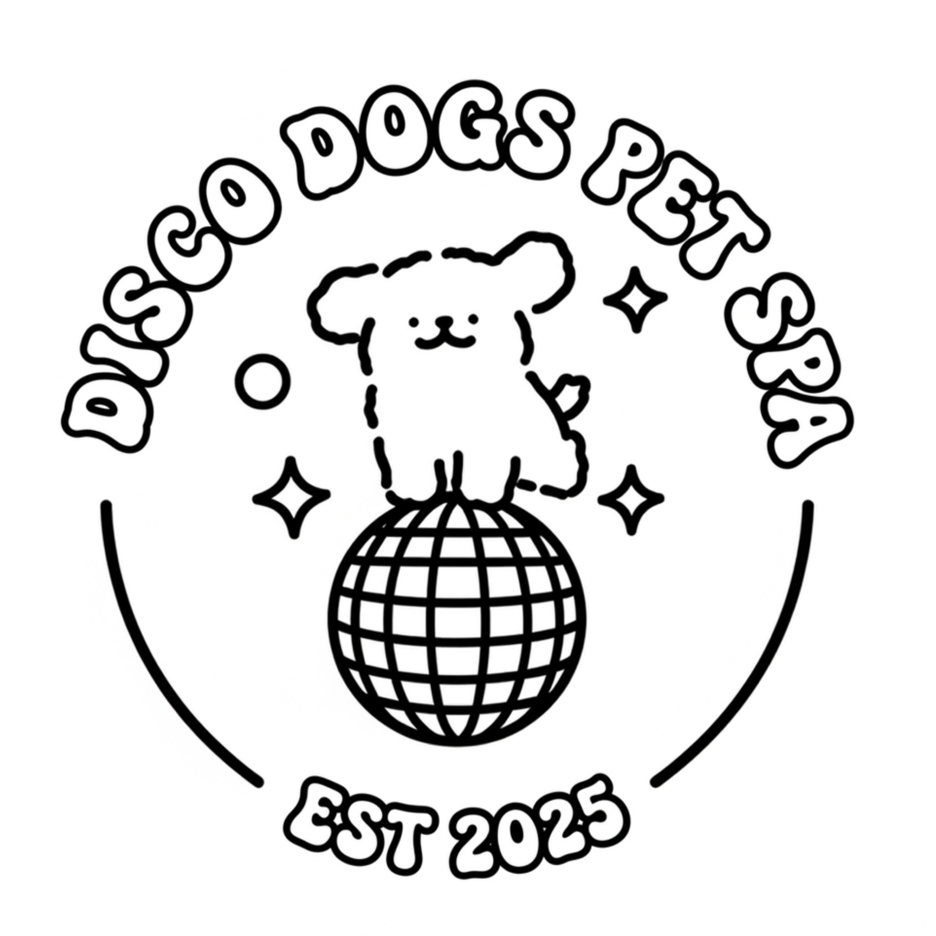 Black and white logo featuring the words "DISCO DOGS PET SPA" and "EST 2025" surrounding a cartoon dog with a large head, small body, and floppy ears, standing on a globe.