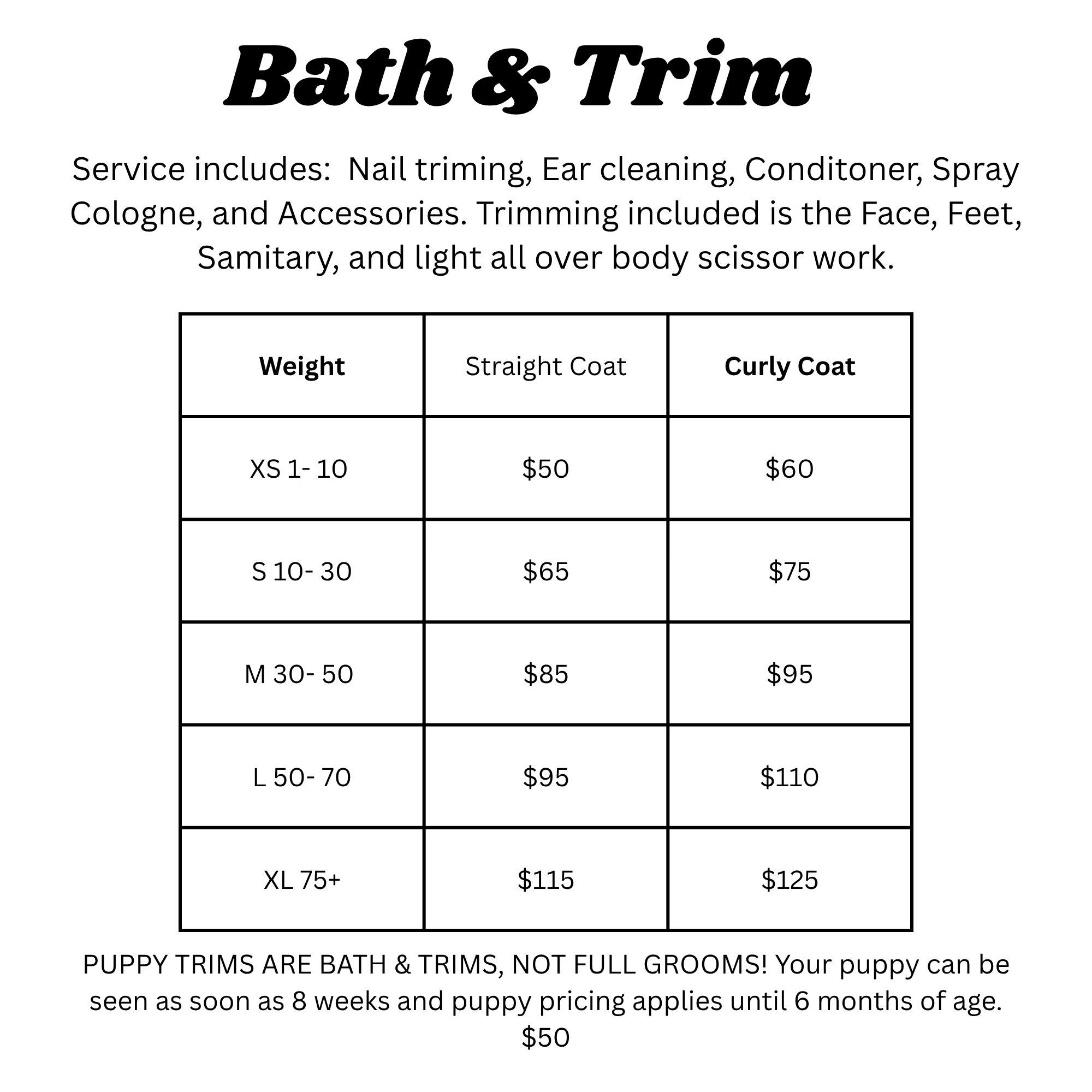Sign advertising bath and trim grooming services and pricing for dogs of various sizes, including nail trimming, ear cleaning, and haircut options.