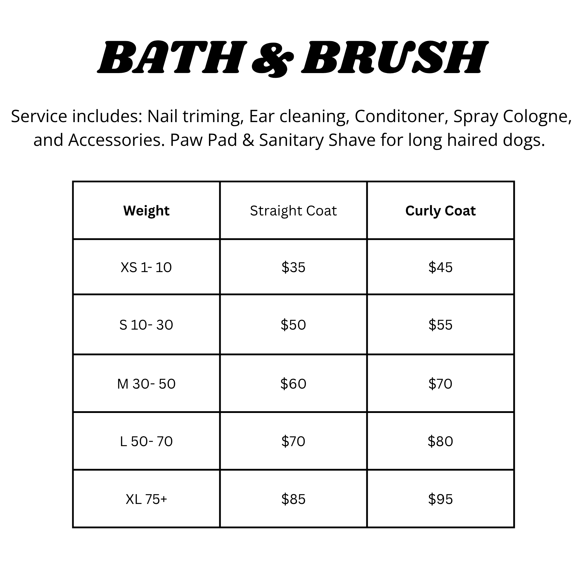 Sign advertising bath and grooming services for dogs, including nail trimming, ear cleaning, grooming, spray cologne, and accessories, with pricing based on coat type and size.