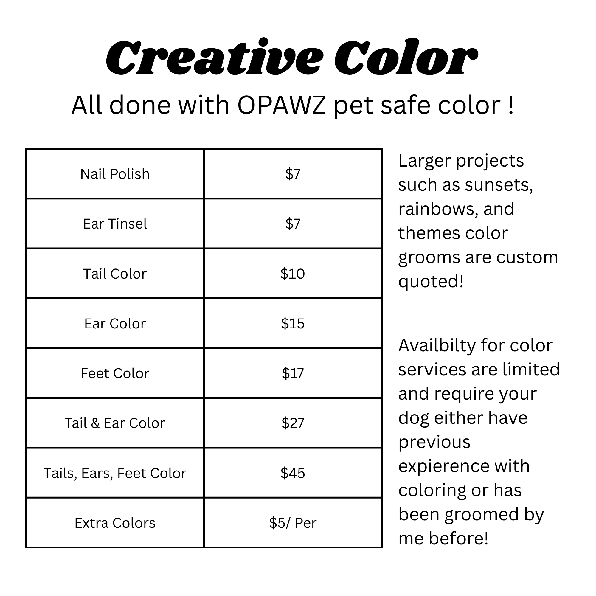 A printed chart showing different pet grooming services and prices, with a heading 'Creative Color' and a description about pet safe hair coloring.