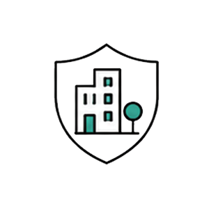 A logo featuring a shield outline with a stylized white building and a tree on a black background.