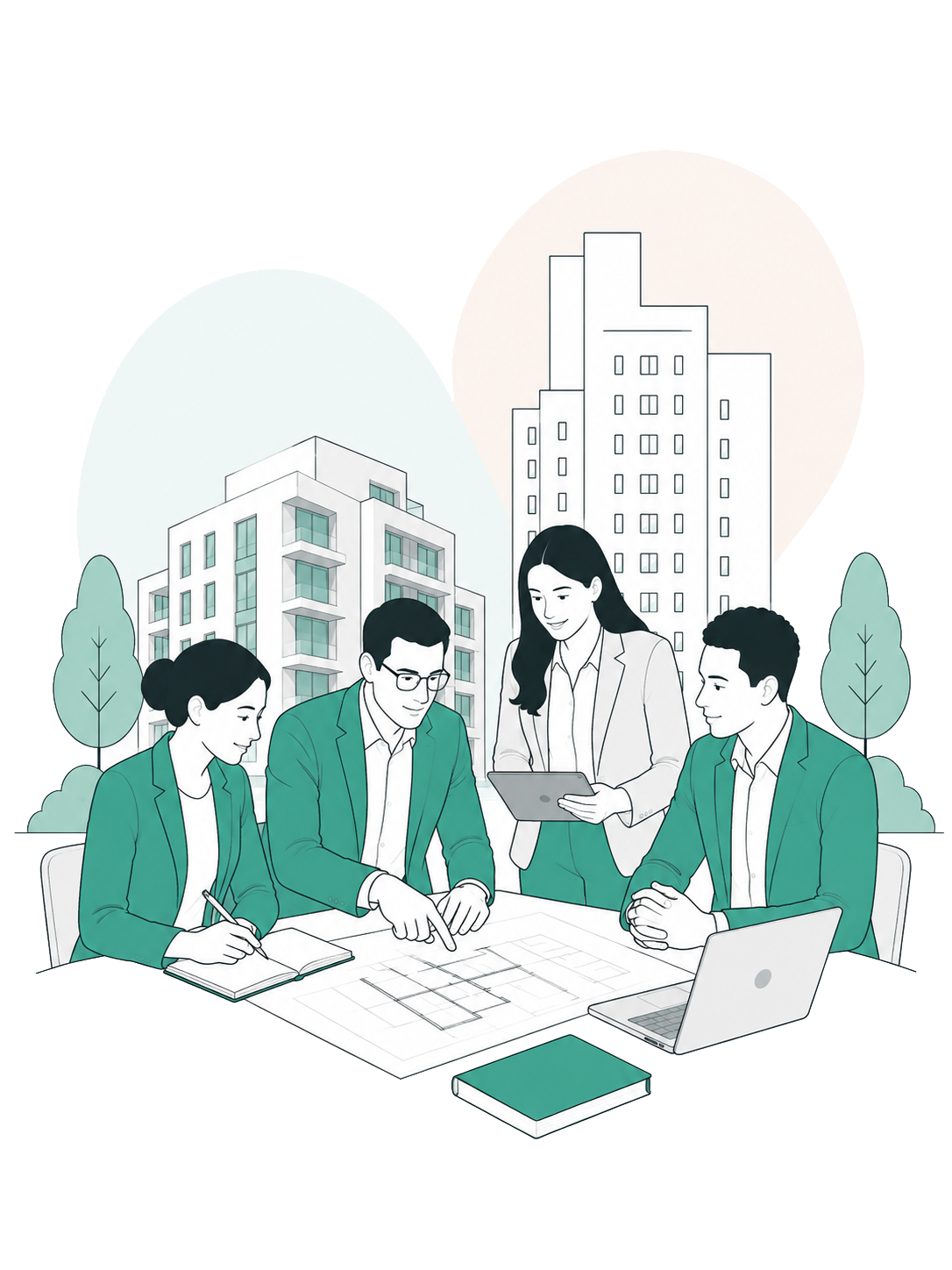 A group of four professionals reviewing architectural plans outdoors with modern city buildings and trees in the background.