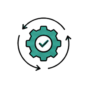 Gear with a checkmark in the center surrounded by circular arrows indicating process or cycle
