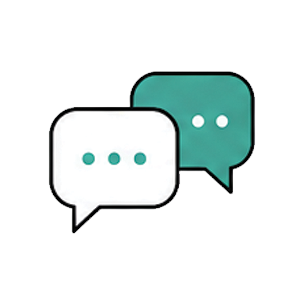 Two speech bubbles, one white and one teal, with ellipsis dots inside.