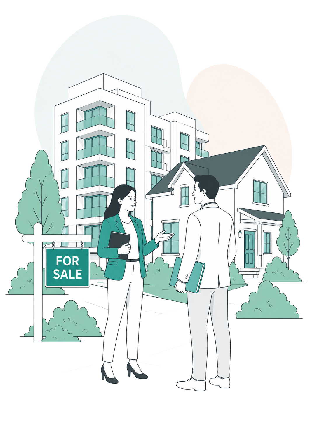 A woman and a man have a conversation outside a house with a for sale sign. The woman is holding a clipboard and gesturing, while the man holds a folder. In the background, there is an apartment building and trees.