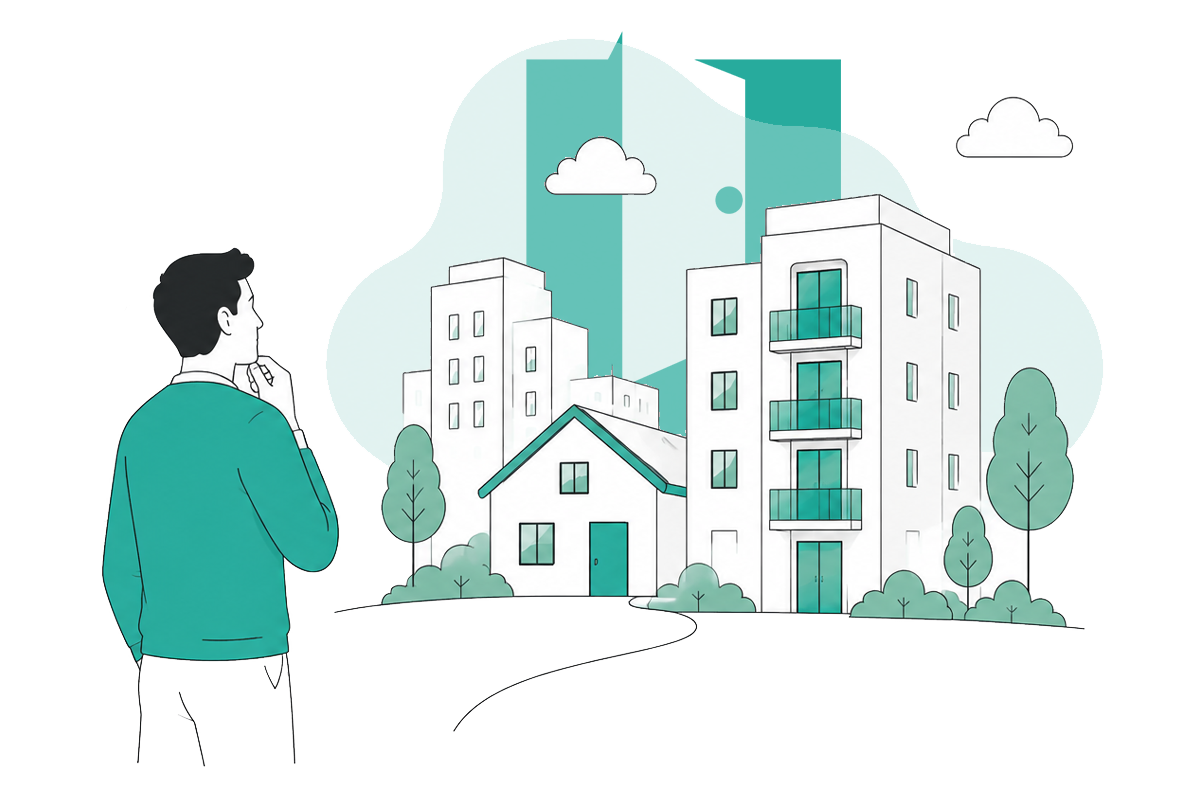 A person standing outdoors and looking at a sketch of urban buildings and trees, with mountains and clouds in the background.
