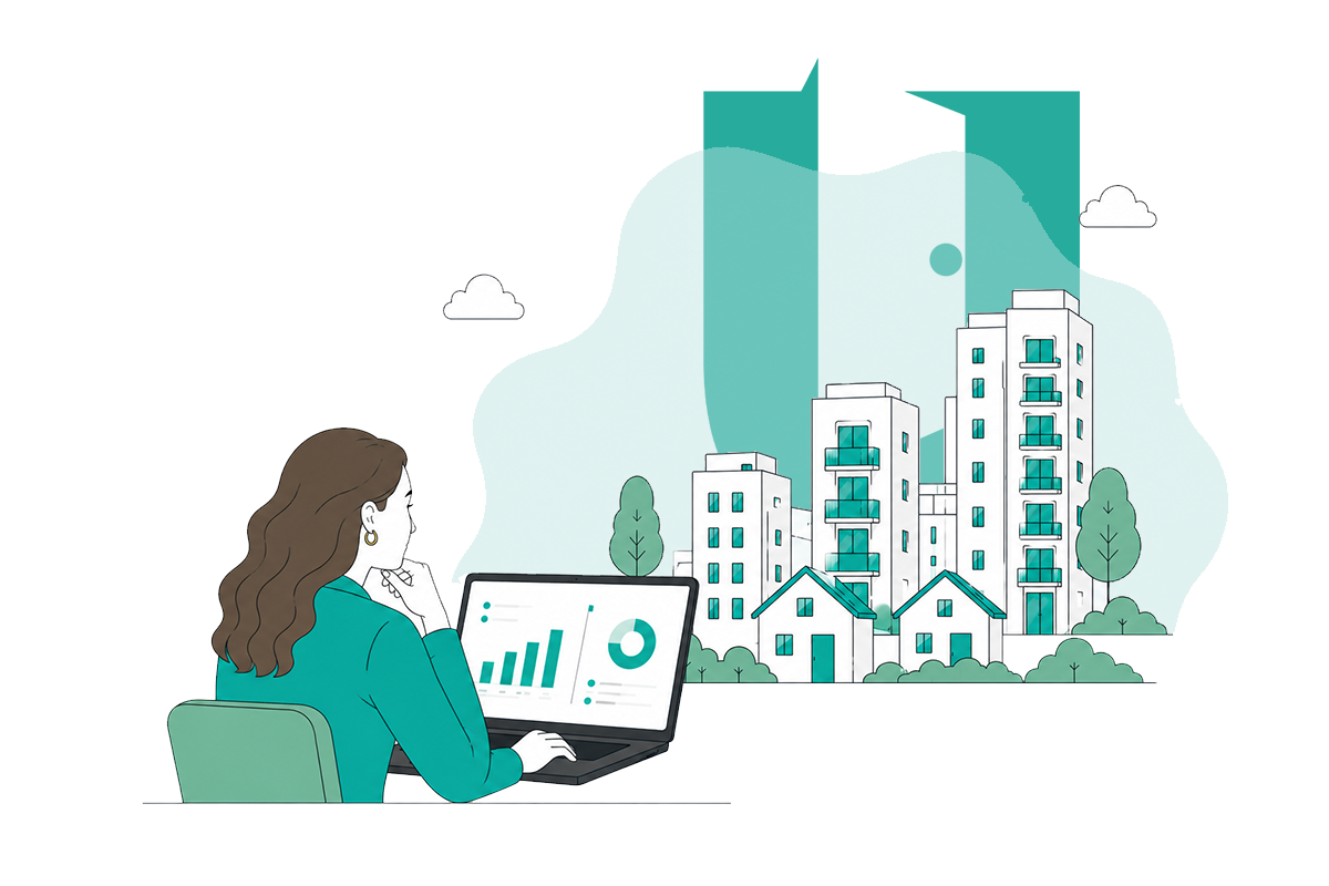 A woman sitting at a desk using a laptop that displays charts and graphs, with a cityscape of tall buildings, houses, trees, and clouds outside the window.