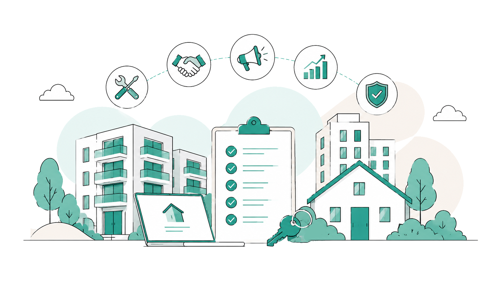 Illustration of modern buildings with trees, a checklist on a clipboard, a laptop with a house icon, and icons representing tools, a handshake, a megaphone, growth, and security.