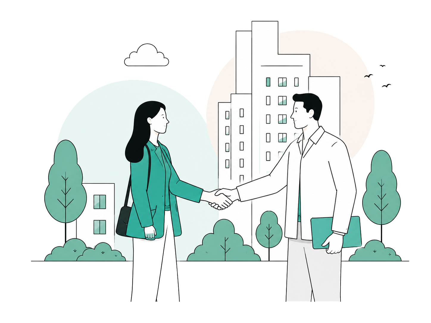 A man and woman are shaking hands outdoors in an urban park with trees and tall buildings in the background.