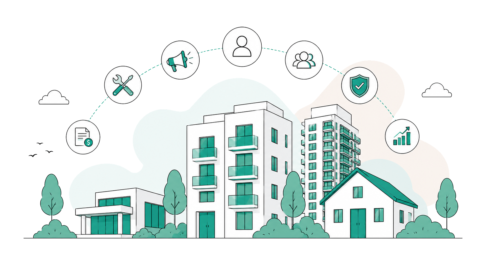 Illustration of residential buildings with various icons representing real estate services, maintenance, financial documents, and growth indicators surrounding the buildings.