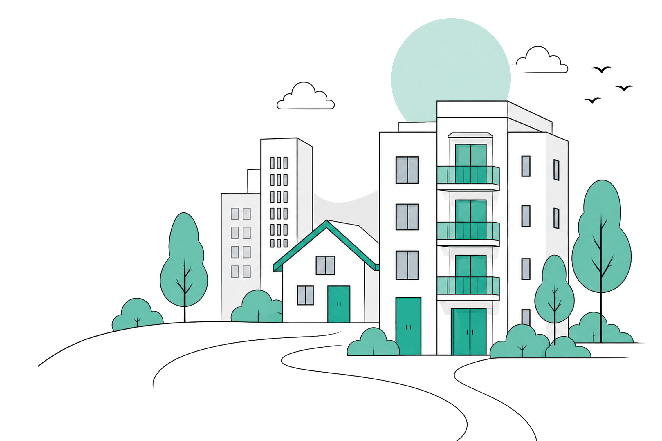Illustration of modern residential buildings with trees and a curved pathway, under a partly cloudy sky with birds flying.