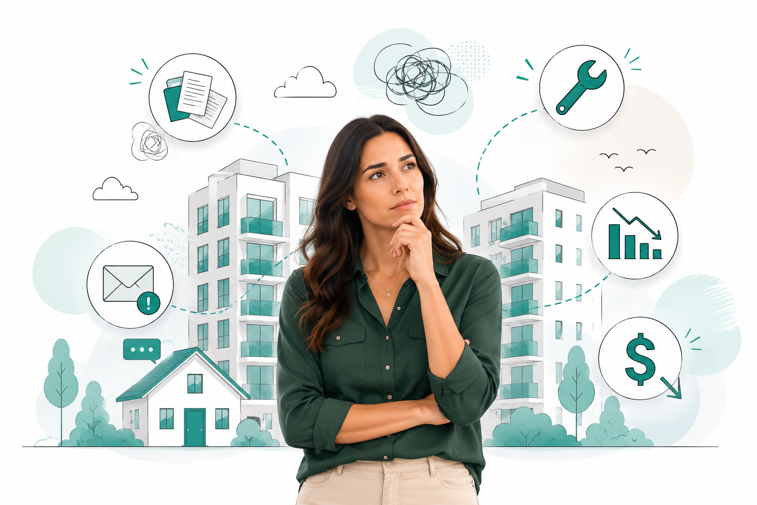 A woman appears to be thinking, with a variety of icons around her representing apartments, documents, tools, email, chat, money, and graphs, set against a background of buildings and trees.