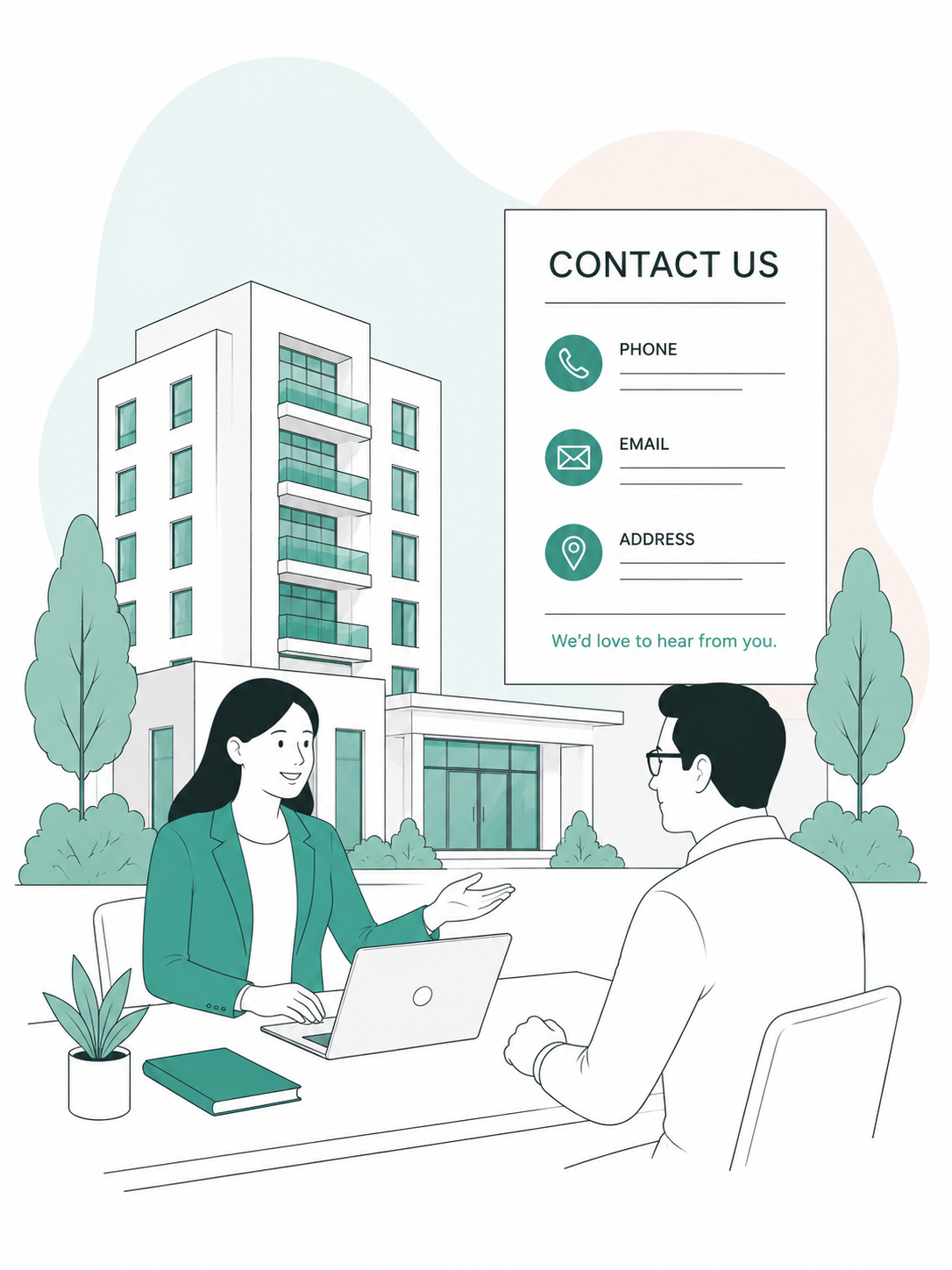 An illustration of two people in a meeting room with a large apartment building in the background. There is a contact information board with icons for phone, email, and address, and a message saying "We'd love to hear from you."