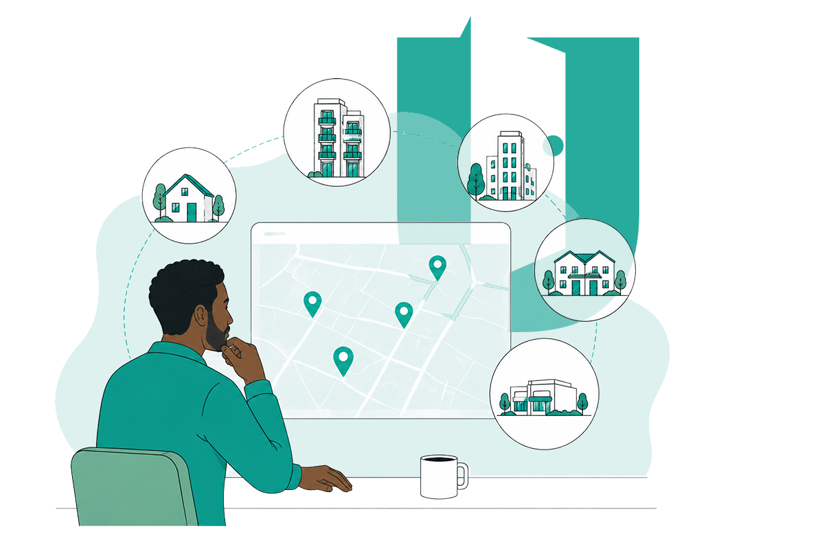 A man sitting at a desk looking at a digital map on a screen with location markers, surrounded by icons of different types of residential and commercial buildings, indicating real estate or property analysis.