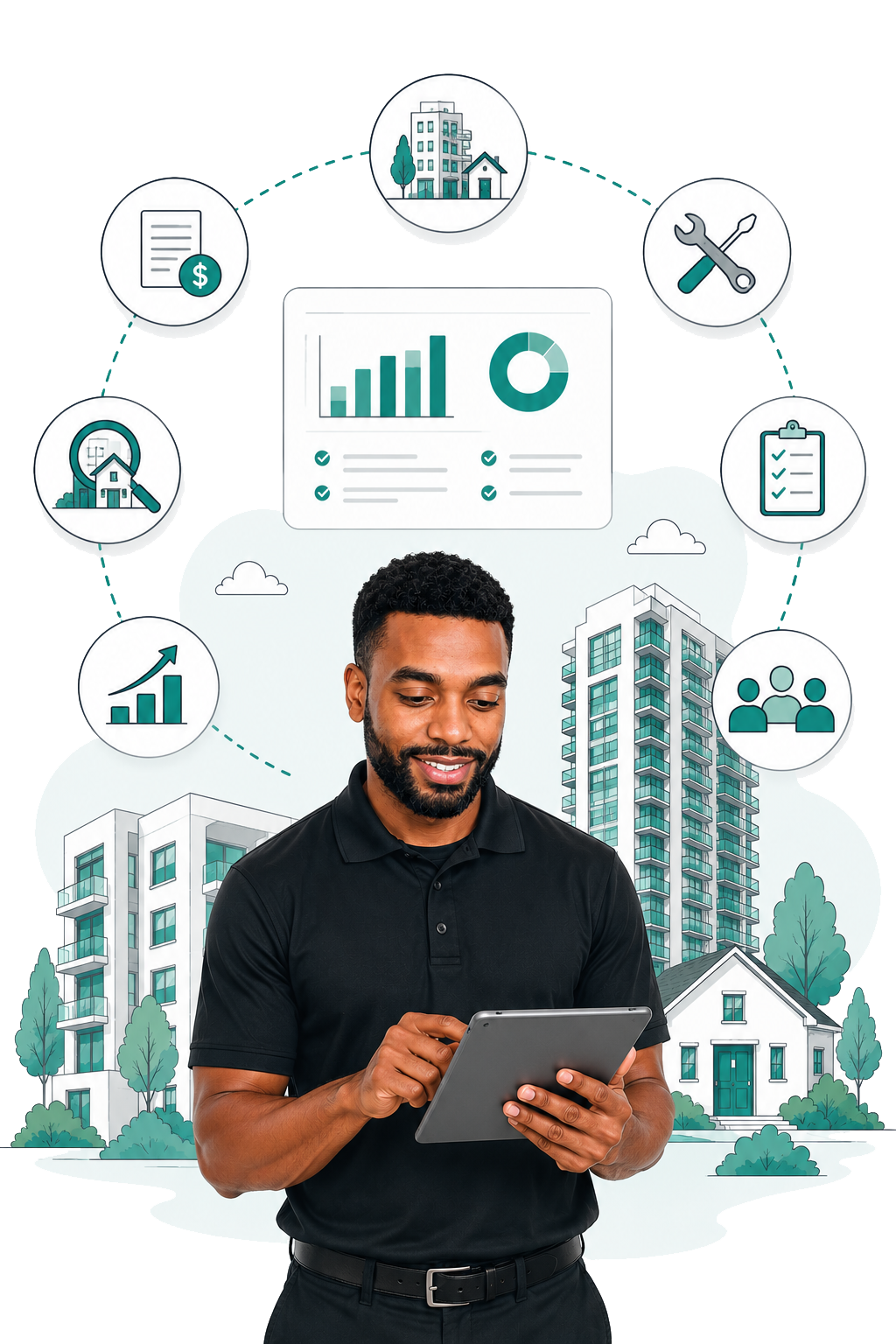 An man interacting with a tablet in front of a digital illustration of buildings, trees, and real estate concepts including graphs, checklist, tools, and magnifying glasses.