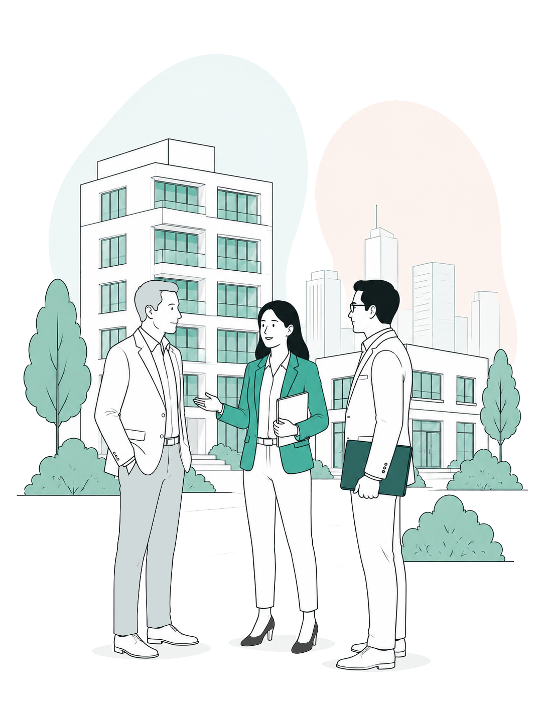 Three business professionals having a discussion outdoors in an urban setting with modern buildings and trees in the background.
