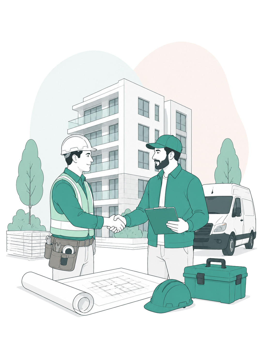 Two construction workers shaking hands outdoors in front of a modern apartment building, with construction tools and plans on a table in the foreground.