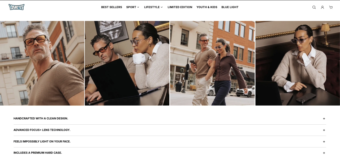 Pictures of people wearing eyeglasses in various settings, including outdoors and indoors, on a shopping website header.