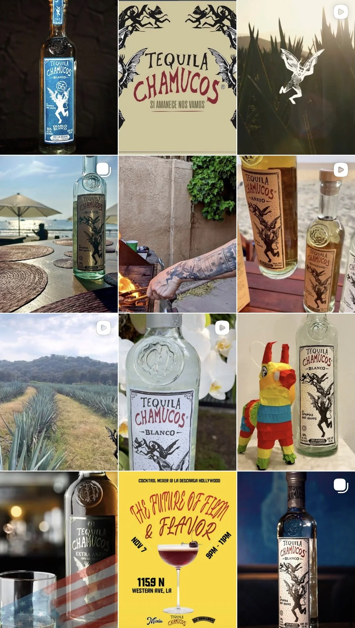 Photos of Tequila Chamucos bottles and labels in various settings including outdoor scenes, a beach, a farm, and a bar, along with promotional posters.