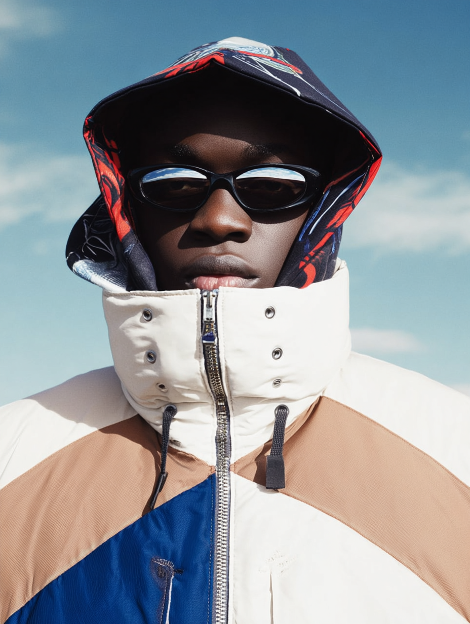 Person wearing a multicolored jacket with a high collar, a patterned hood, sunglasses, and a black cap outdoors under a partly cloudy sky.