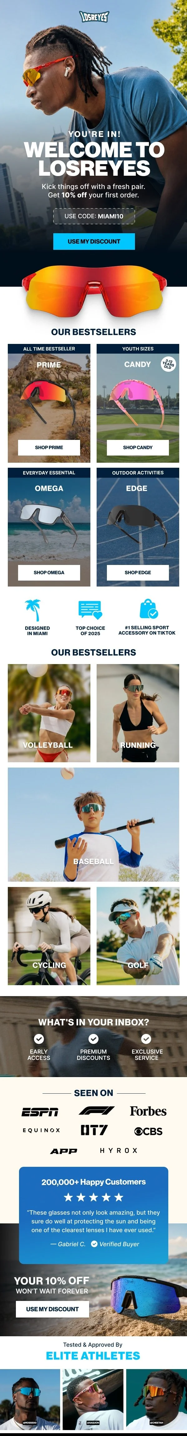 Promotional webpage for Los Reyes sunglasses featuring a man with red sunglasses and AirPods, showcasing different sunglass styles and outdoor activities, with discount codes, customer reviews, and brand logos.