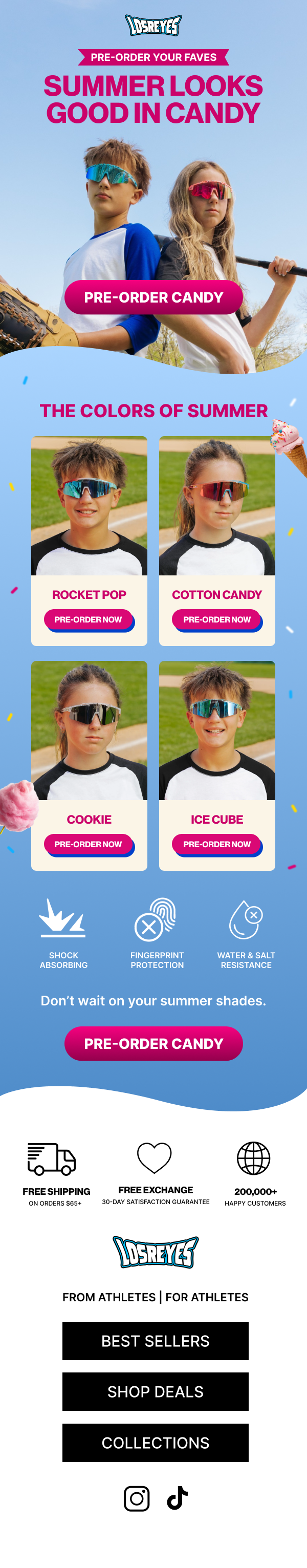 Promotion for Losreyes summer sunglasses collection with children modeling colorful sunglasses, highlighting different color options, and emphasizing features like shock absorption, fingerprint protection, and water resistance.