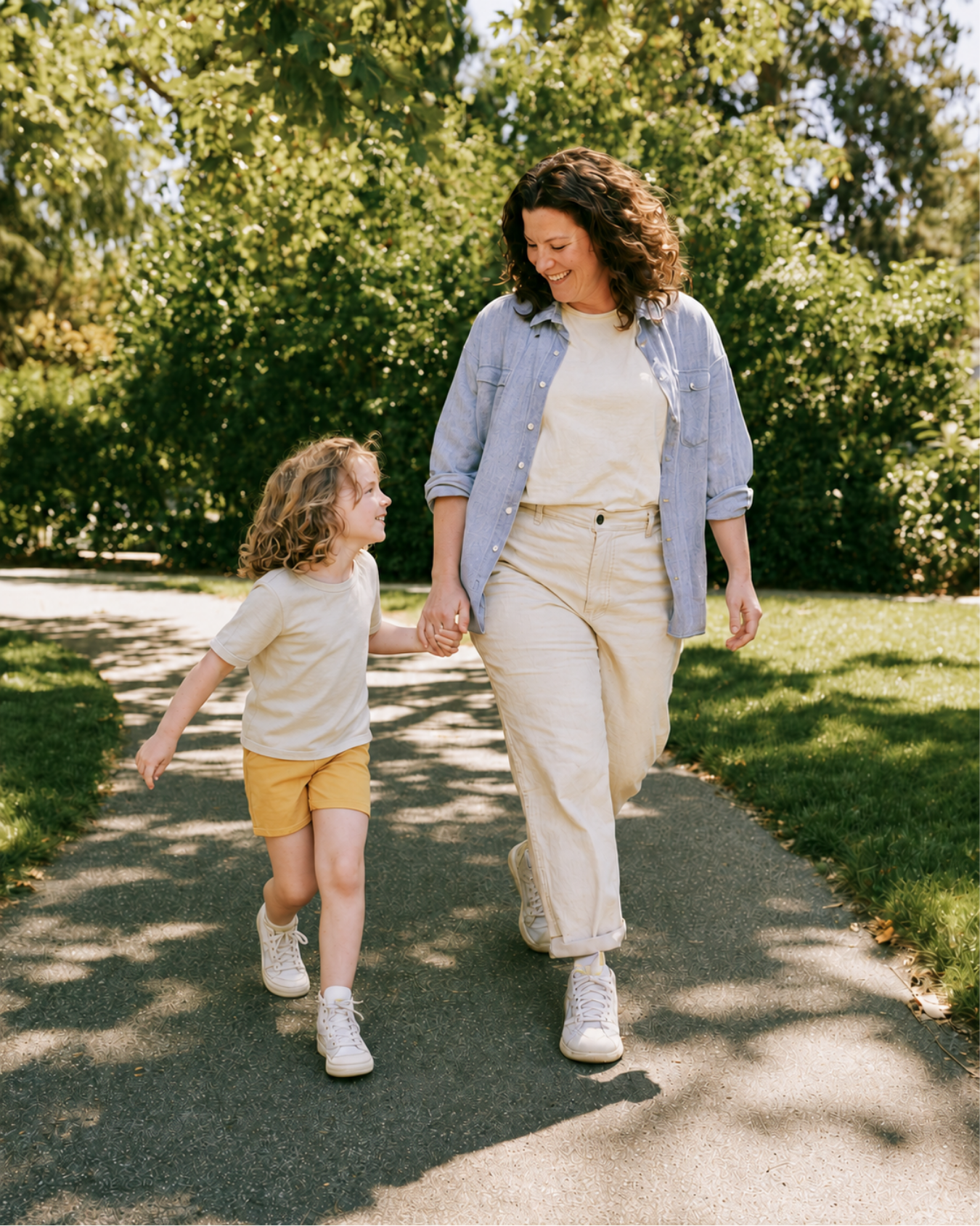 A woman and a young girl walking hand in hand on a paved path in a park, surrounded by green trees and sunlight.