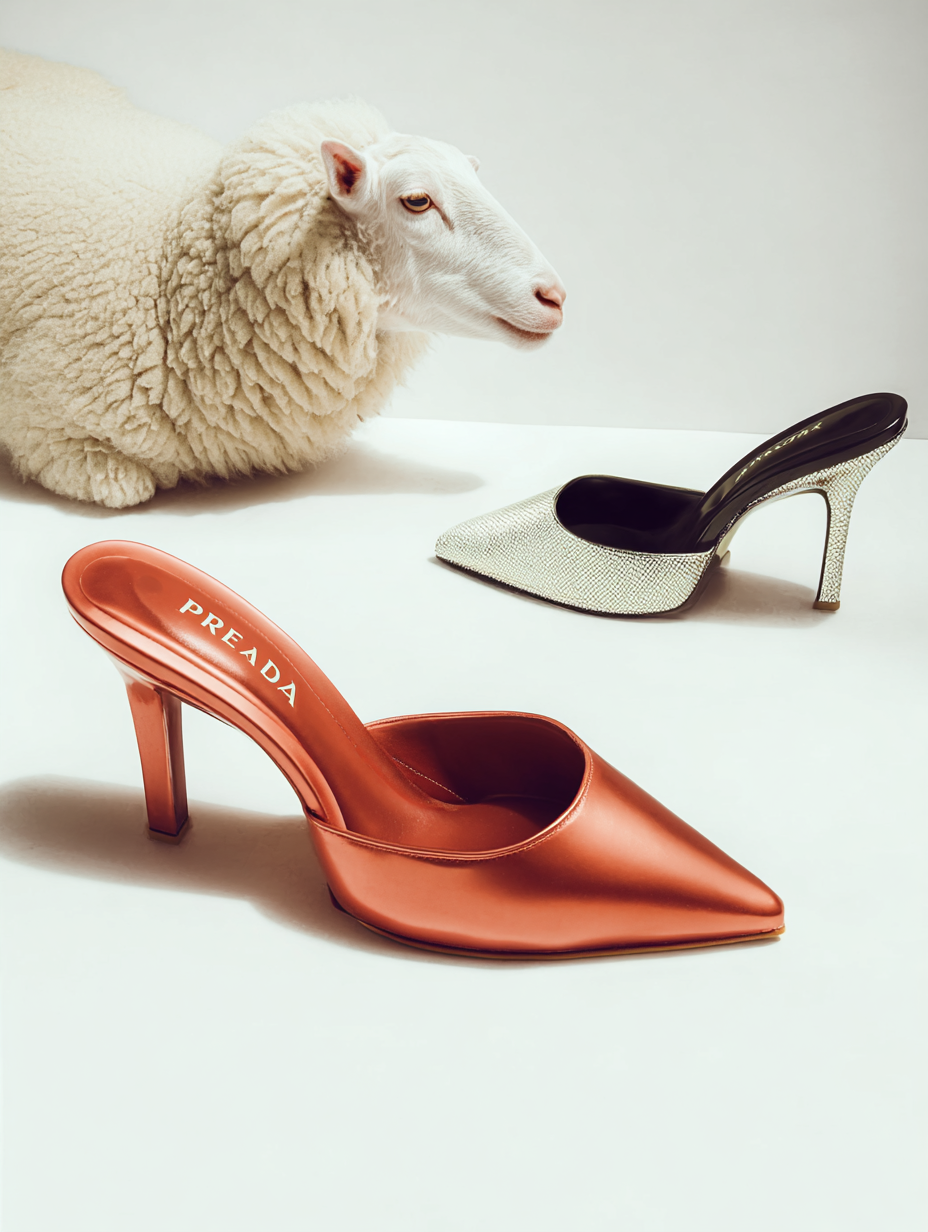 A white sheep lying on a white surface with two high-heeled shoes nearby, one black with a glittery heel and one copper-colored with a pointed toe and a Prada logo.