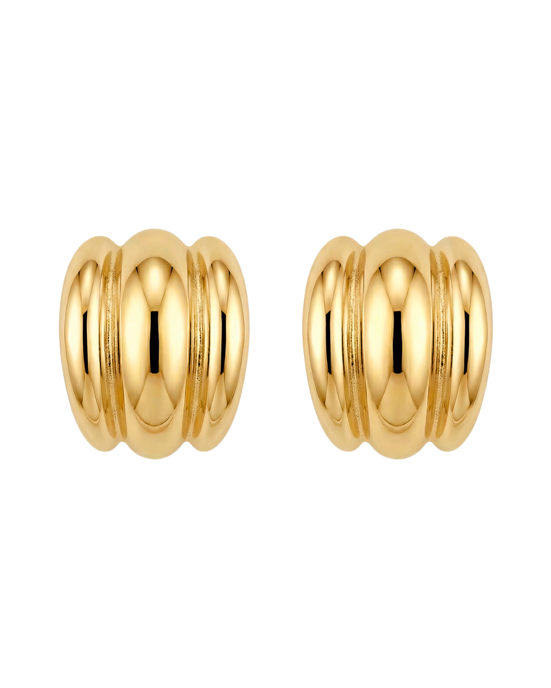 A pair of gold cufflinks with a rounded, grooved design.