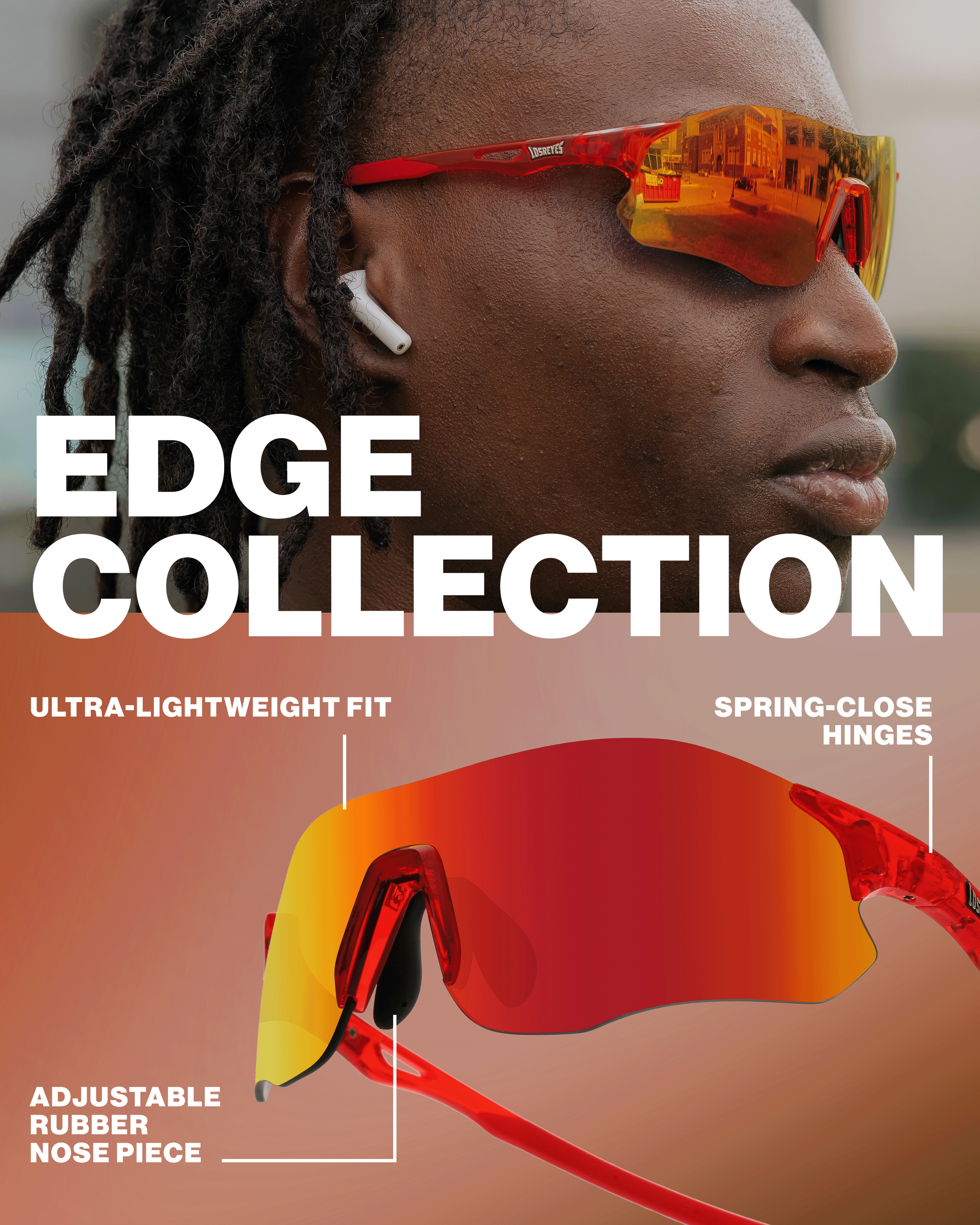 Close-up of a person with dark skin and dreadlocks wearing red sports sunglasses with mirrored lenses, an AirPod in their ear, and a red adjustable nose piece on the sunglasses. The image emphasizes the features of the sunglasses, including adjustable rubber nose piece, spring-close hinges, and lightweight fit. The sunglasses reflect an outdoor scene with buildings and a park.