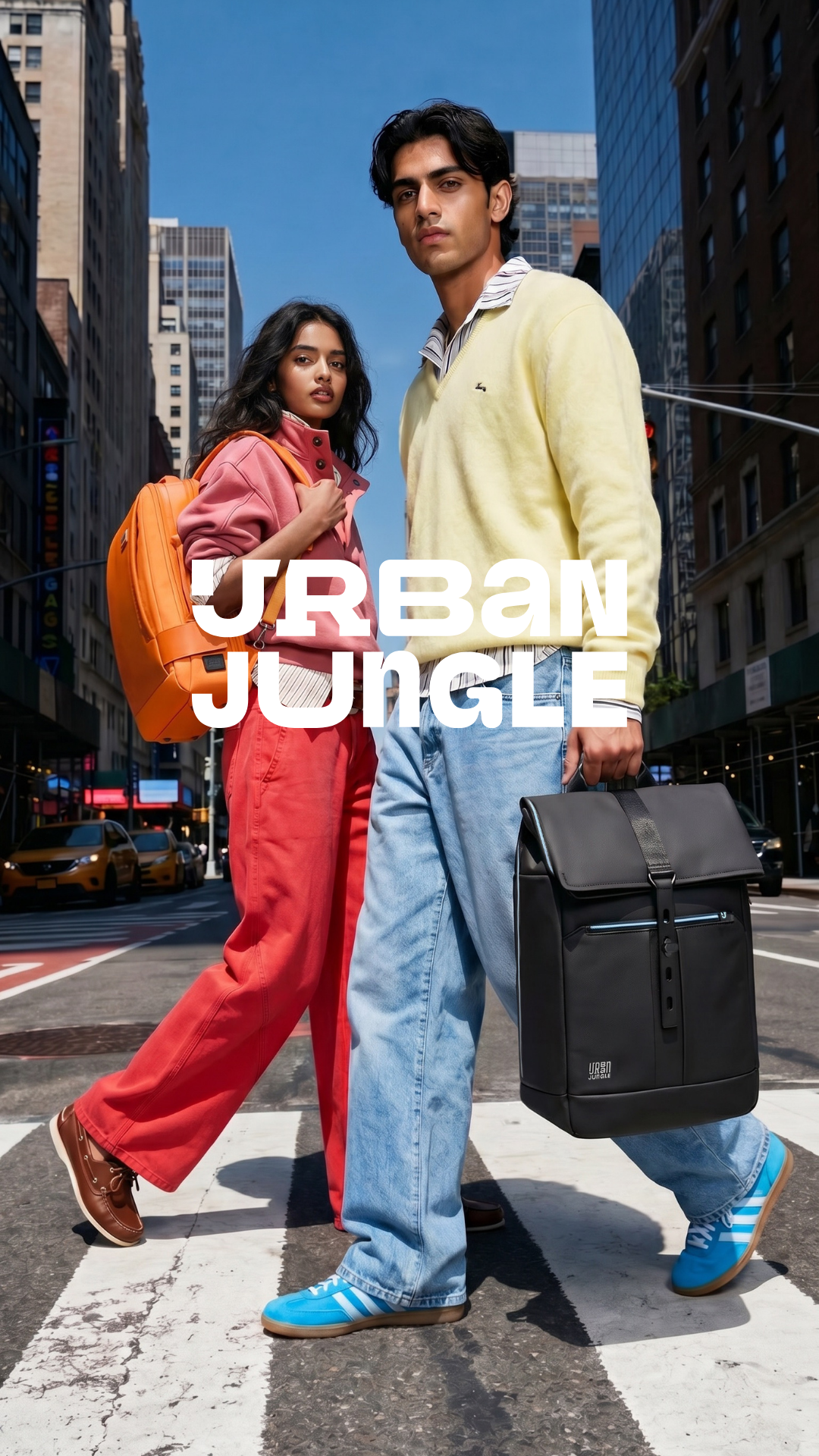 Two individuals standing at a crosswalk on a city street with tall buildings, one holding a black bag and the other with an orange backpack, under a clear blue sky, with the text "Urban Jungle" overlaid.