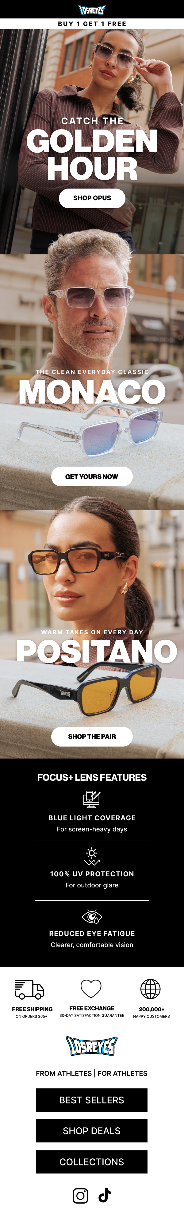 Vertical digital advertisement for sunglasses featuring three models wearing different sunglasses, with promotional text and buttons to shop or learn more.