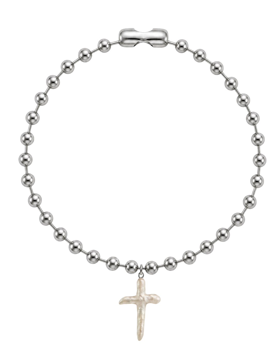 Silver beaded bracelet with a hanging cross pendant.